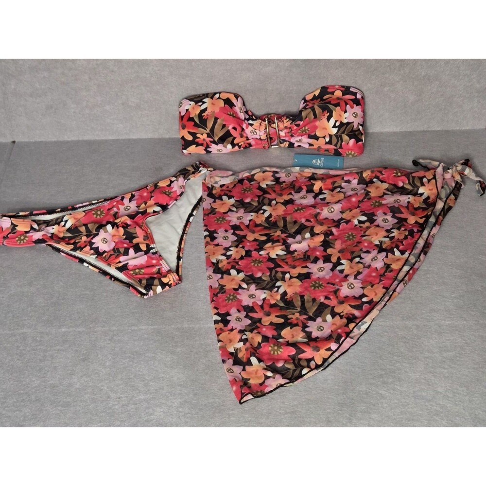 CUPSHE Orange/Blk Bandeau  FLORAL Bikini 3 Pc Set Sz M W/Tie Sarong Cover Up NWT